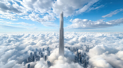 futuristic skyscraper rises above clouds, showcasing modern architecture