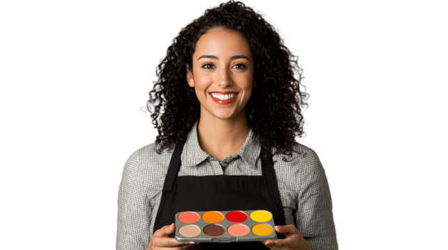 a young woman holding a tray with a palette and brush on a transparent background, PNG image, PNG file, Generative art.