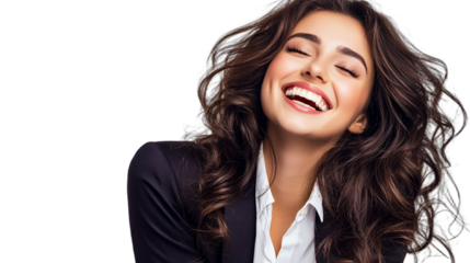 portrait of young woman smiling with beautiful smile and curly hair, posing on a transparent background, photo PNG image, PNG file, Generative art.