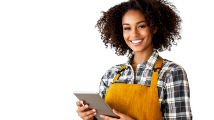portrait of a beautiful young black woman wearing a yellow shirt and apron holding a tablet PNG image, PNG file, Generative art.