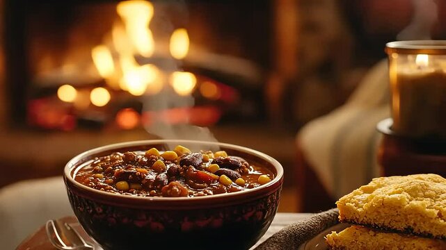 Cozy bowl of chili with cornbread by the fireplace, warm ambiance, inviting atmosphere