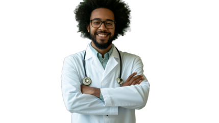 Medical professional, white coat, stethoscope, confident smile, afro hairstyle, glasses, arms crossed, portrait, studio lighting, clean background, healthcare, diversity in medicine