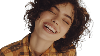 a young woman in a yellow shirt smiles with her eyes closed and curly hair on her face PNG image, PNG file, Generative art.