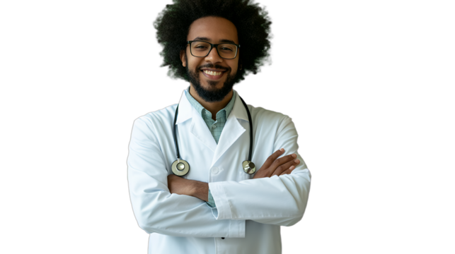 Medical professional, white coat, stethoscope, confident smile, afro hairstyle, glasses, arms crossed, portrait, studio lighting, clean background, healthcare, diversity in medicine