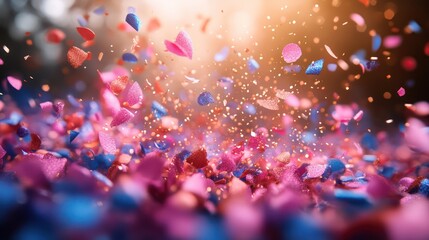 A vibrant explosion of colorful confetti, capturing the joy and excitement of a festive celebration. Pink, blue, and red confetti pieces fill the frame, creating a dynamic and energetic composition.