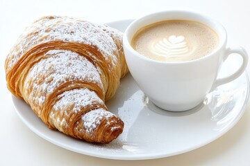 Freshly Baked Croissant with Powdered Sugar and a Cup of Coffee with Latte Art on a White Plate Perfect for Breakfast or Brunch Setting