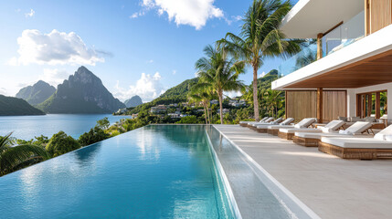 Obraz premium Luxurious villa with infinity pool overlooking mountains and ocean