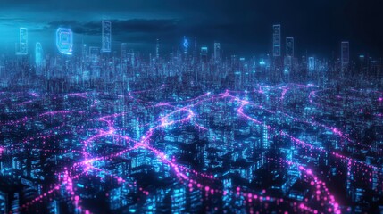 Obraz premium Futuristic cityscape illuminated by neon lights