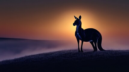 Fototapeta premium Silhouetted creature standing on a hill at sunset, with misty landscape in the background