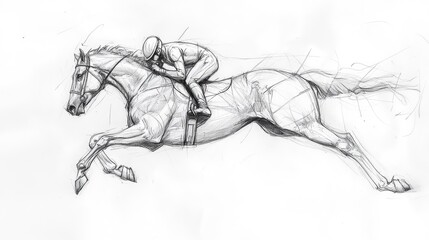 Jockey and thoroughbred horse race sketch; dynamic movement, white background; sports illustration