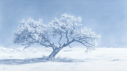 Solitary frost-covered tree, winter landscape, serene background, nature art