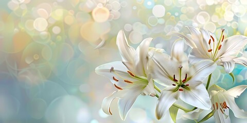 Fototapeta premium Beautiful white lily flowers with bokeh effect. Floral background