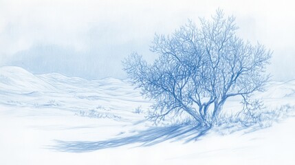 Solitary tree in snowy landscape, winter scene, peaceful background, nature illustration