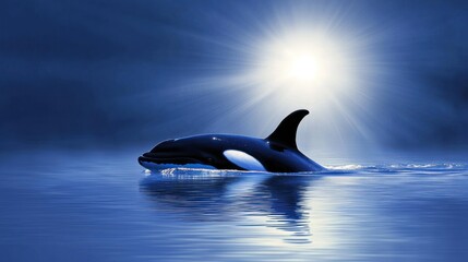 Fototapeta premium Orca whale swimming in ocean at sunset.