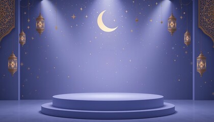 Elegant Ramadan Background Purple Stage Design with Golden Lanterns Crescent Moon and Stars Festive Islamic Celebration Display Product Presentation Mockup Night Scene 3d blue dark calm model light   