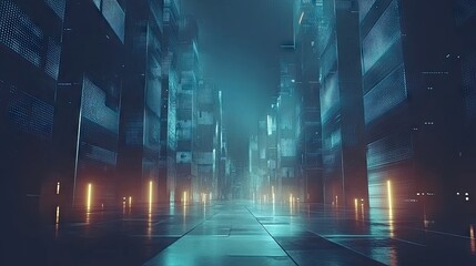Futuristic city, glowing alley, digital screens, night scene, tech background, website banner