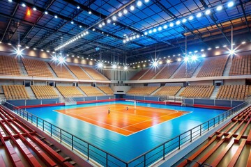 A large indoor sports arena with a blue and orange court