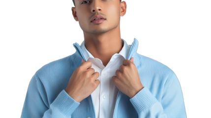 a young man wearing a blue jacket, white shirt and tie, posing against a transparent background, PNG image, PNG file, Generative art.