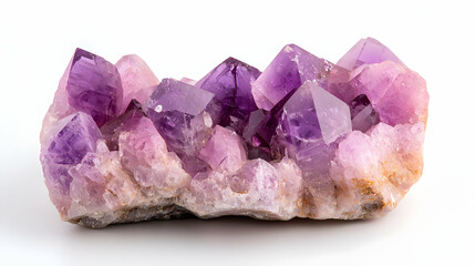 Amethyst geode cluster on white background, crystals, geology