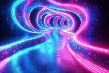 Vibrant neon tunnel with glowing pathway and stars