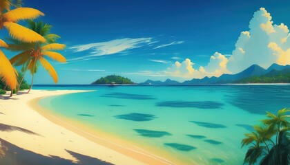 Fototapeta na wymiar Stunning Tropical Oasis SunKissed Shores of the Marvellous Sunshine Beach in the Philippines, Offering a Vibrant Paradise Getaway with Crystal Clear Waters, Soft White Sands, and Palm Trees