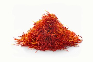 Naklejka premium close-up shot the vivid red-orange color of the saffron threads , is prominently displayed, showcasing the fine, delicate nature of the spice. Isolated on white background with clapping path full of d