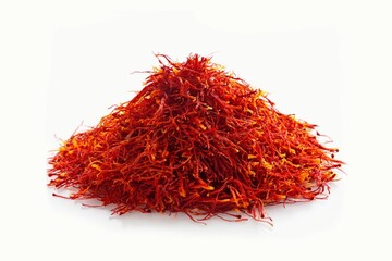 Fototapeta premium close-up shot the vivid red-orange color of the saffron threads , is prominently displayed, showcasing the fine, delicate nature of the spice. Isolated on white background with clapping path full of d
