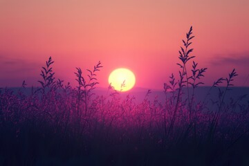 Sunset over field, grass silhouettes, pink sky, calm ocean, nature background