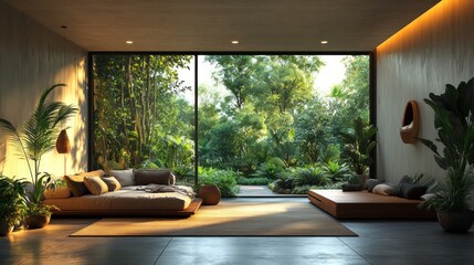 Fototapeta premium Serene Jungle Bedroom: Minimalist Design Meets Lush Greenery