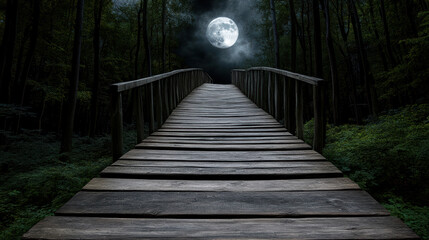 wooden bridge leads through dark forest under full moon, creating eerie atmosphere