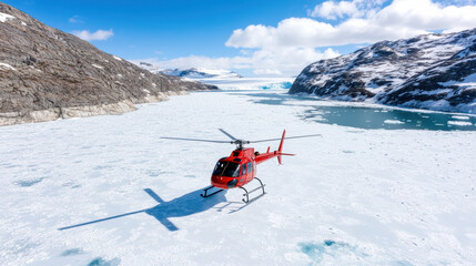 helicopter flying over Greenland vast icy wilderness, showcasing stunning landscapes