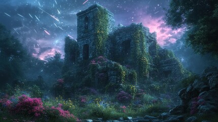 Obraz premium Enchanted ruins surrounded by lush flora under meteor shower