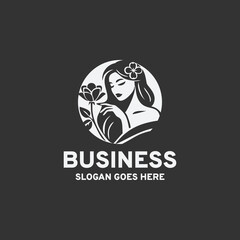 Woman with flower logo design vector illustration in black and white style on a black background