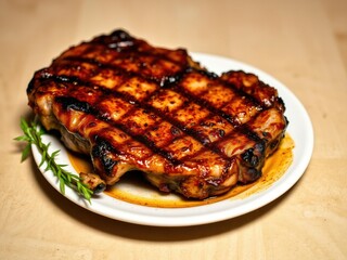 Sizzling grilled pork steak on a plate with golden brown edges and juicy interior, grilled pork steak, tender
