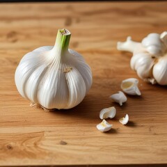 Single white garlic bulb on a wooden cutting board , cooking ingredient, cut fruit vegetable, kitchen utensils