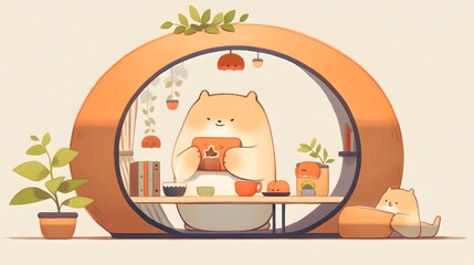 Dreamy Herbal Warmth, Playful Capybara Balances Donut and Coffee in Warm Minimalist