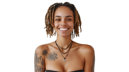 a young woman with black hair and tattoos on her arms poses for a portrait against a transparent background, PNG image, PNG file, Generative art.