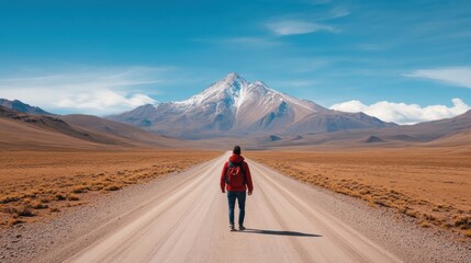 Fototapeta premium Person Walking on a Dusty Road with Snow-Capped Mountains and Clear Blue Sky in Background