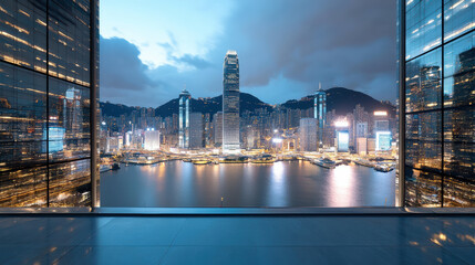 Fototapeta premium stunning high rise cityscape with neon lights reflecting off water