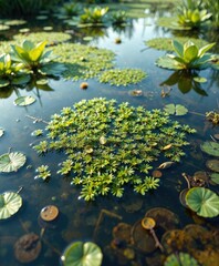 Salvinia Molesta growing on the surface of a pond with other aquatic plants, Water fern, Plant growth