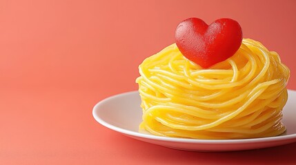 Romantic spaghetti dish with a heart-shaped garnish. Perfect for Valentine's Day or a special occasion.