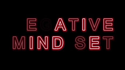 Negative Mindset Red neon glowing Text isolated Black Background. motivation words for business concept.	