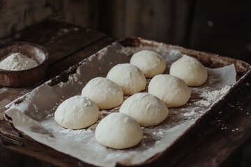 Freshly Prepared Dough Breads on a Rustic Wooden Table Surrounded by Flour and Baking Ingredients in a Cozy Kitchen Setting