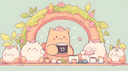 Dreamy Herbal Warmth, Adorable Capybara Enjoying Coffee and Donuts Amidst Whimsical Floral Decor in Warm Pastel Palette