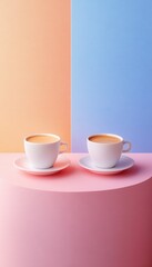 Obraz premium Two cups of coffee on a pink surface against a pastel background. A minimalist and stylish image perfect for cafes, coffee shops or morning vibes.