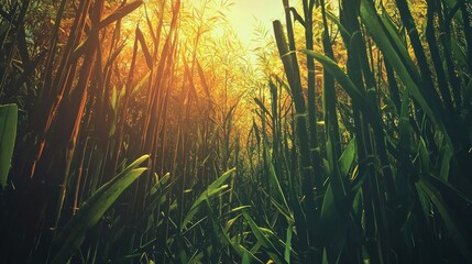 Golden Hour in the Grassland: A Low-Angle View of Tall Grasses Bathed in Warm Sunlight