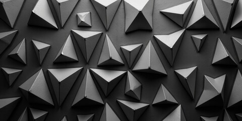 Fototapeta premium Captivating close-up of a black expanse adorned with symmetrically arranged triangles of varied sizes and forms, creating an intricate geometric dance