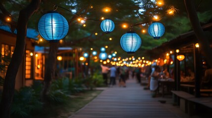 Blue Lanterns Illuminate Evening Pathway Scene
