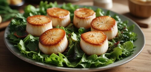 Pan-seared scallops in their natural shells on a bed of fresh greens , elegant, scallop