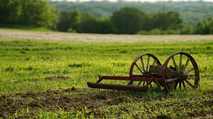 Rustic Farm Equipment in a Verdant Field
